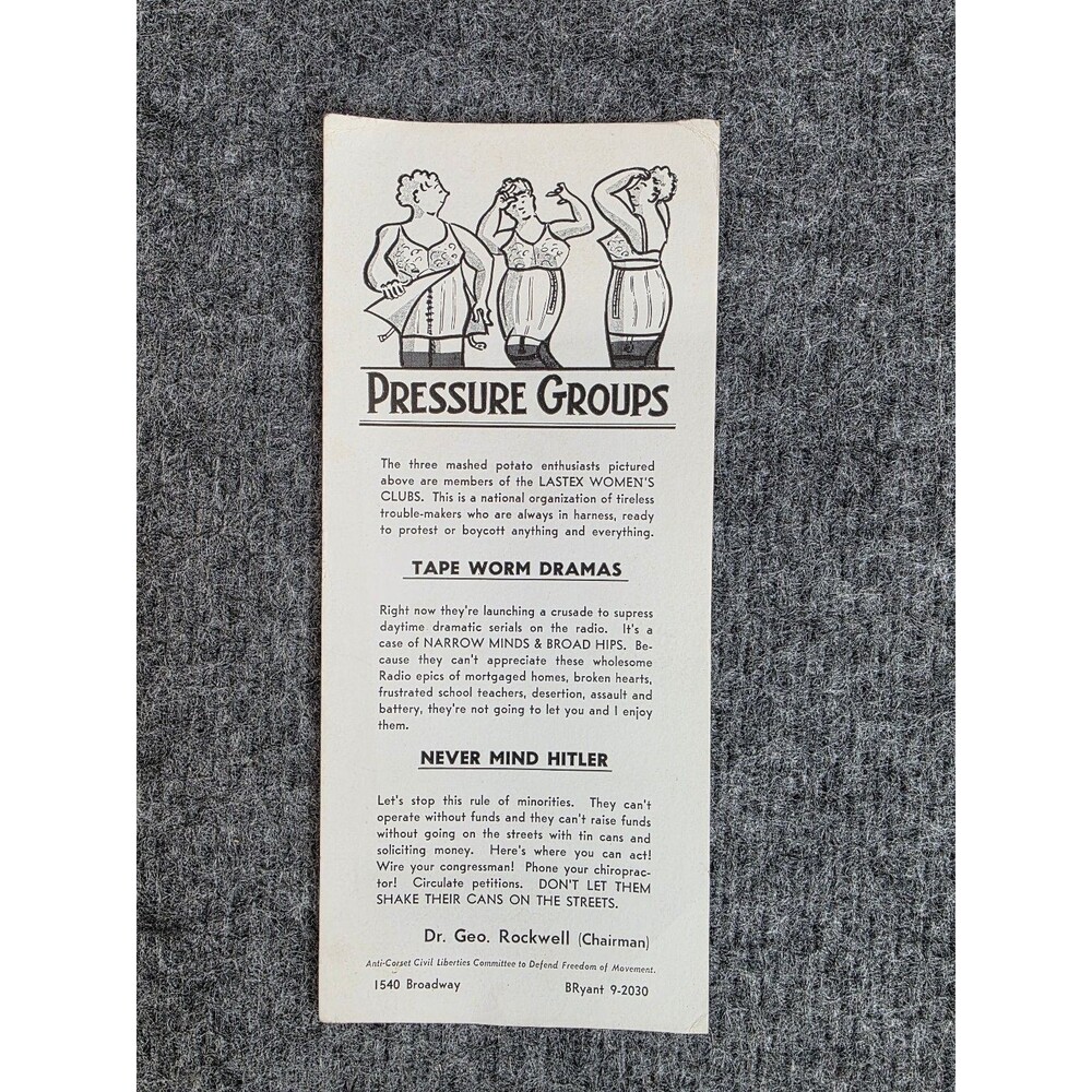 Vintage Pressure Groups Anti-Corset Flyer by Dr. Geo. Rockwell 1940s